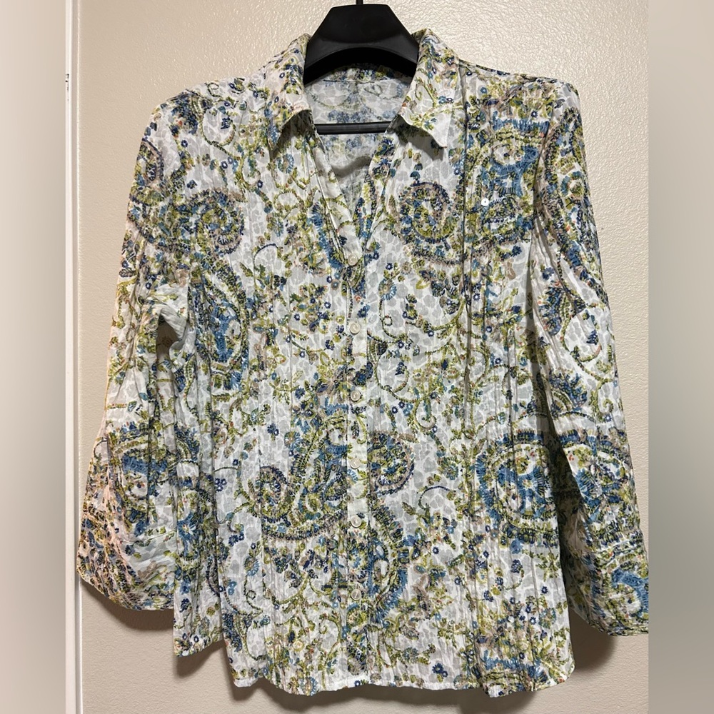 💰2/$10 Paisley patterned blouse green and blue- size l/xl